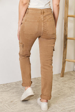 Back view of tan High Waist Straight Jeans with Pockets from Risen Jeans. Comfortable, stylish, and perfect for everyday wear.