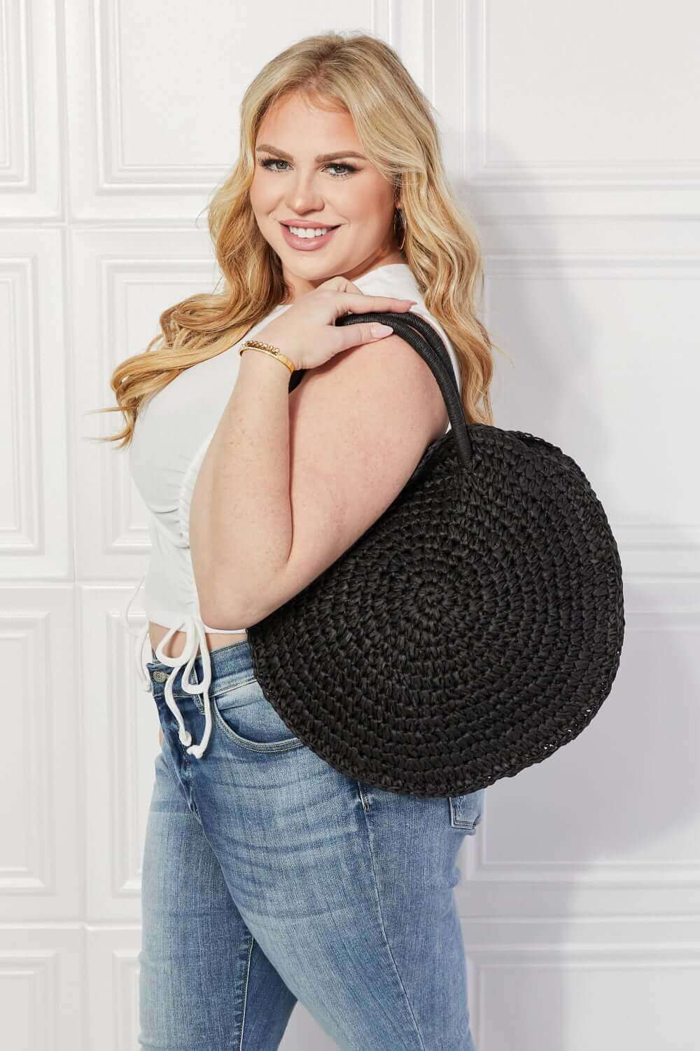 JUSTIN TAYLOR Beach Date Straw Rattan Handbag in Black at Bella Road