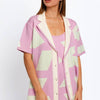 Abstract Contrast Short Sleeve Collared Cardigan - Pink Mint