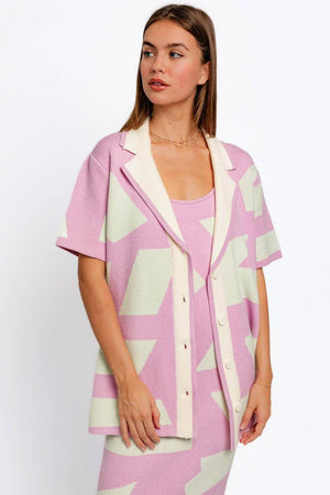 TASHA APPAREL Abstract Contrast Short Sleeve Collared Cardigan at Bella Road