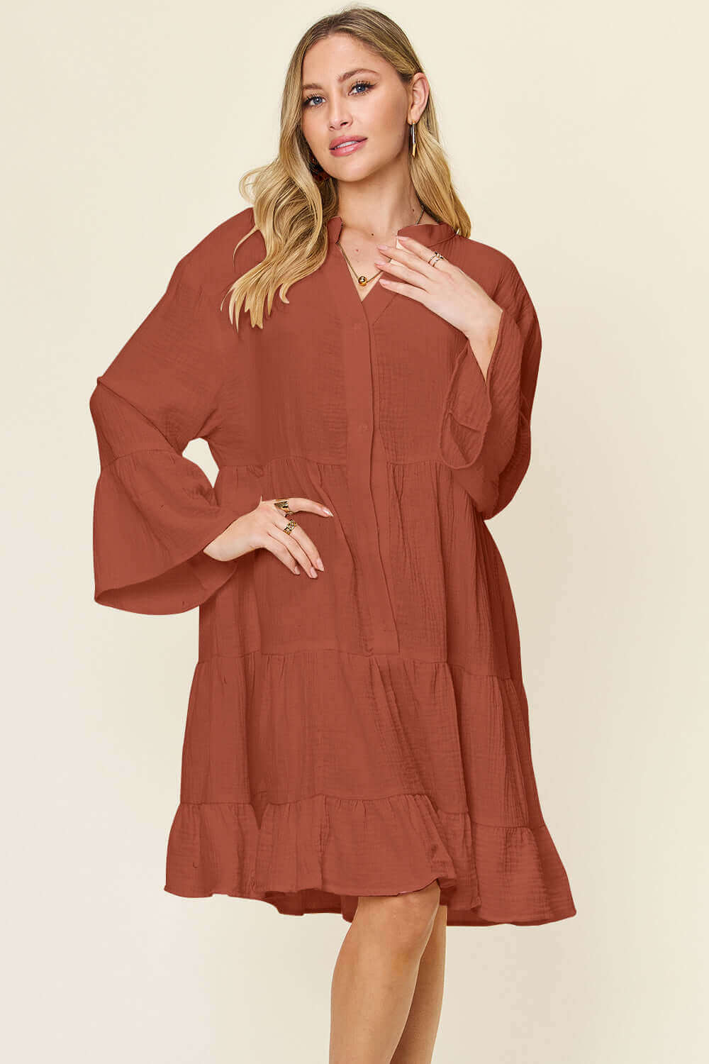 DOUBLE TAKE Full Size Texture Button Up Ruffle Hem Dress at Bella Road