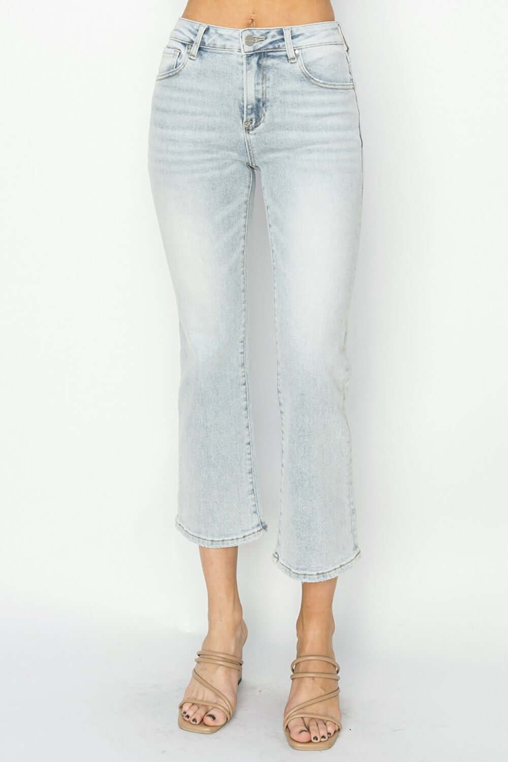 RISEN full size mid rise cropped flare jeans with a contemporary silhouette and flattering mid-rise waist, perfect for highlighting footwear.