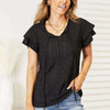 Eyelet Tie-Neck Flutter Sleeve Blouse - Black