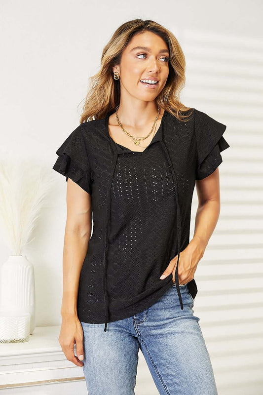 DOUBLE TAKE Eyelet Tie-Neck Flutter Sleeve Blouse at Bella Road