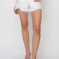 White button fly frayed hem denim shorts by Risen Jeans, styled with clear heels, perfect for a chic summer fashion statement