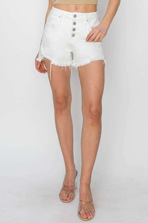 White button fly frayed hem denim shorts by Risen Jeans, styled with clear heels, perfect for a chic summer fashion statement