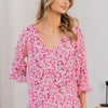 Floral V-Neck Flounce Sleeve Top | Full Size - Pink/Coral