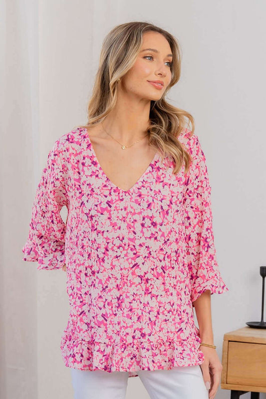 SEW IN LOVE Full Size Floral V-Neck Flounce Sleeve Top at Bella Road