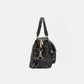 Side view of Nicole Lee USA Sequin Patch Boston Bag with black sequin exterior, vegan leather accents, and dual top handles.