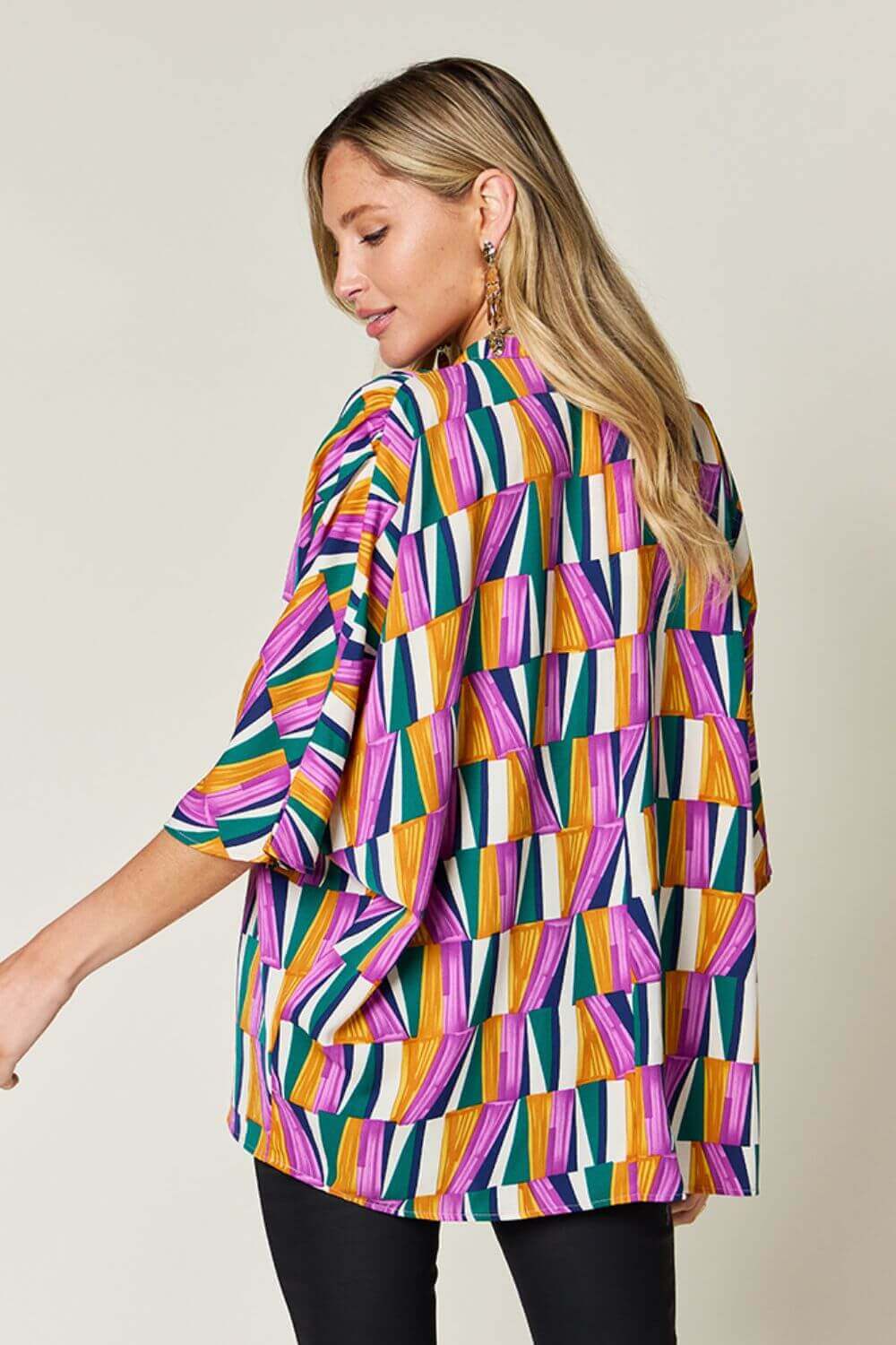 DOUBLE TAKE Full Size Geometric Notched Raglan Sleeve Blouse at Bella Road