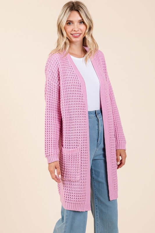 Stylish pink open front long sleeve longline cardigan, perfect for layering over casual or dressy outfits.