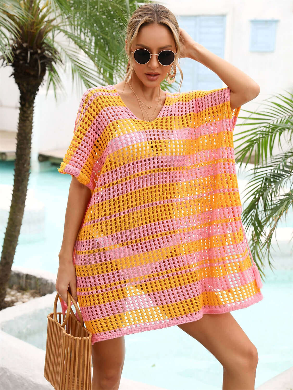 BELLA ROAD Tassel Openwork Striped V-Neck Cover Up at Bella Road