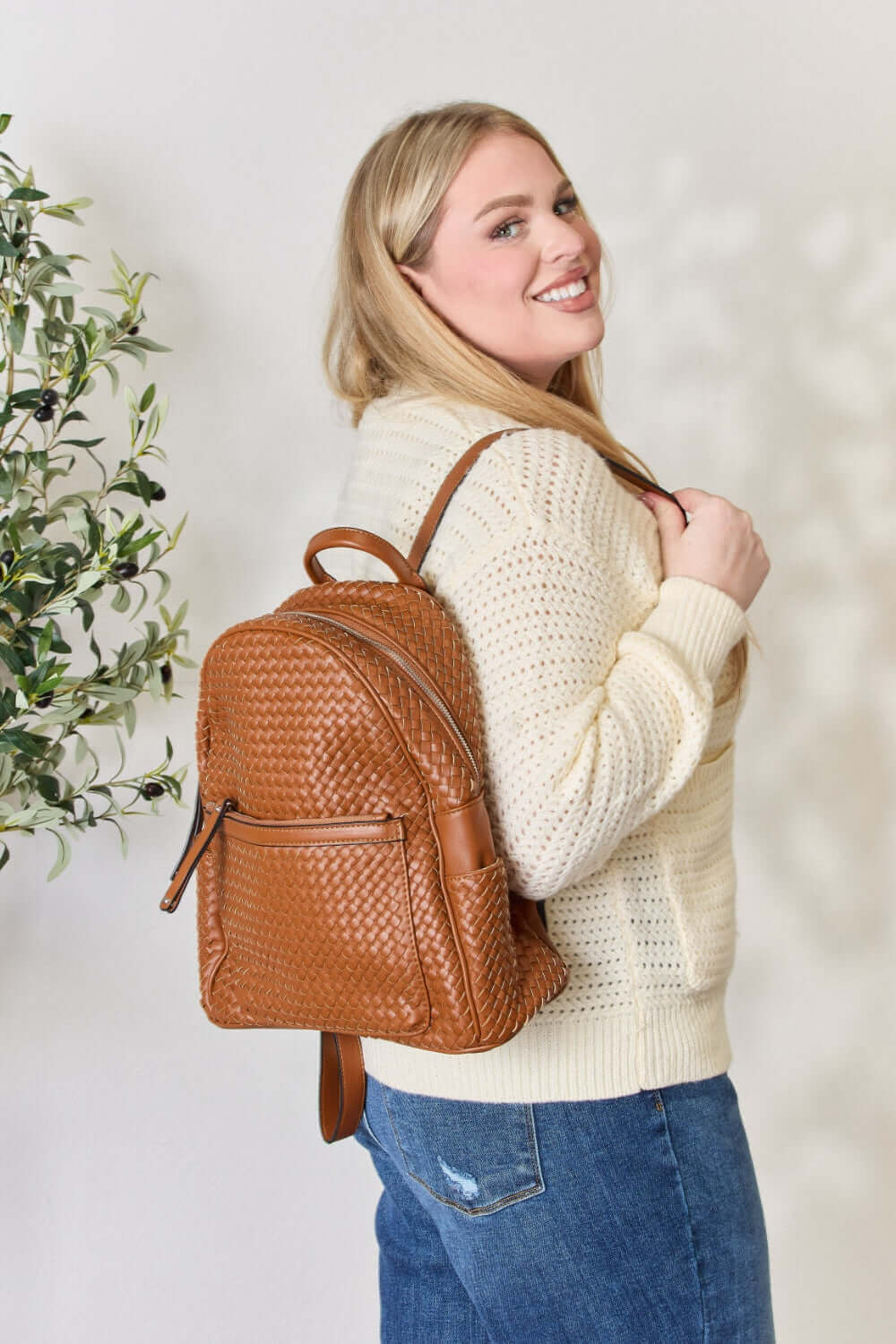 SHOMICO PU Leather Woven Backpack at Bella Road