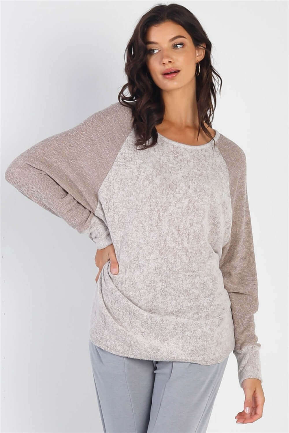 TASHA APPAREL Round Neck Long Sleeve Contrast Top at Bella Road