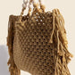 Fame Wooden Beaded Handle Braided Tote Bag with stylish wooden handles and braided texture.