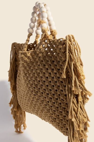 Fame Wooden Beaded Handle Braided Tote Bag with stylish wooden handles and braided texture.