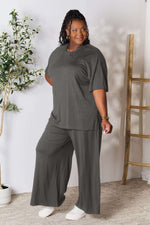 DOUBLE TAKE Full Size Round Neck Slit Top and Pants Set at Bella Road