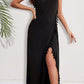 Woman wearing black backless tassel surplice spaghetti strap cover-up dress with side slit