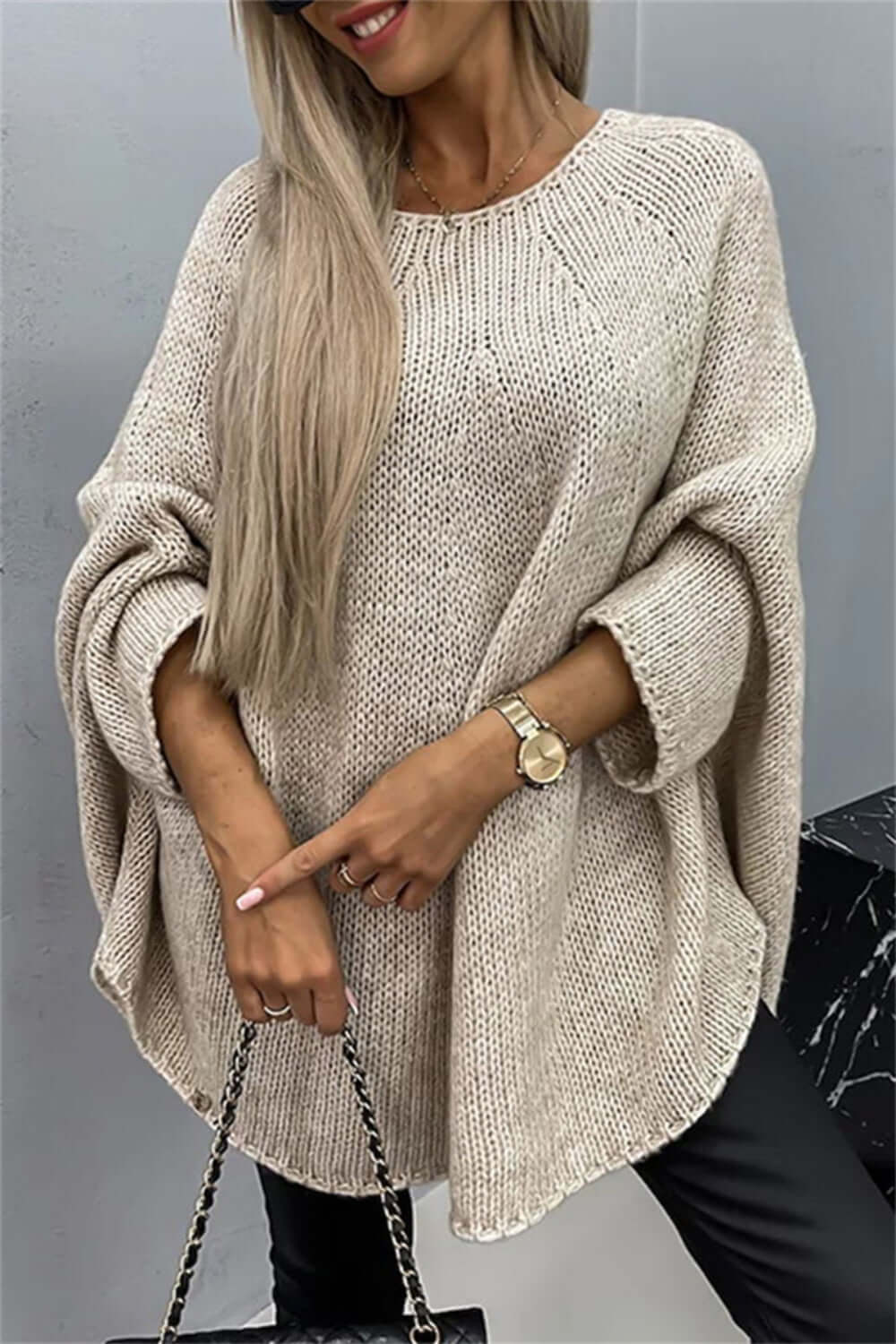 Cozy Bella Road batwing sleeve sweater with round neck in beige, perfect for stylish warmth and comfort.