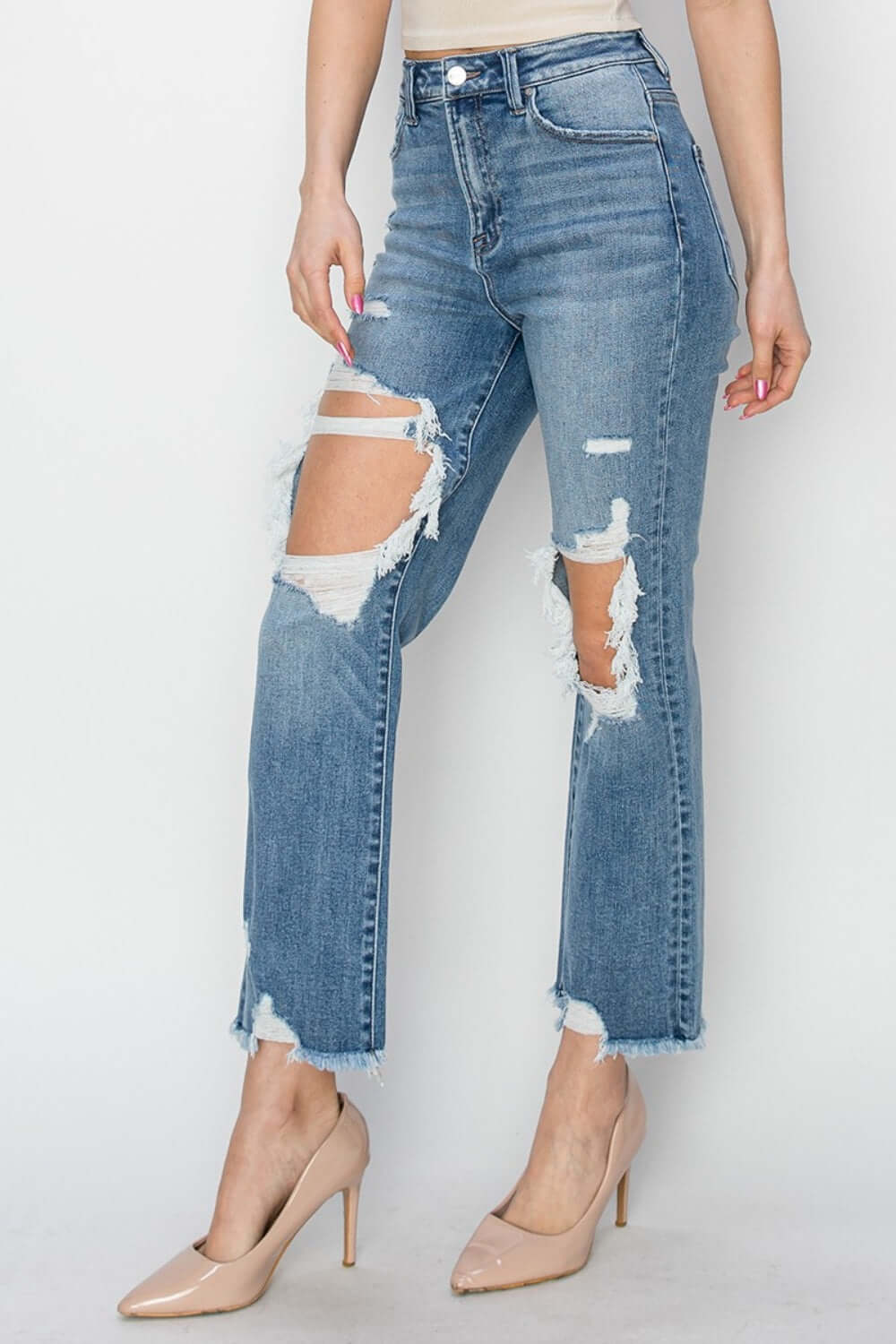 High Rise Distressed Crop Straight Jeans from Risen Jeans showcasing trendy distressed detailing and flattering high rise fit.