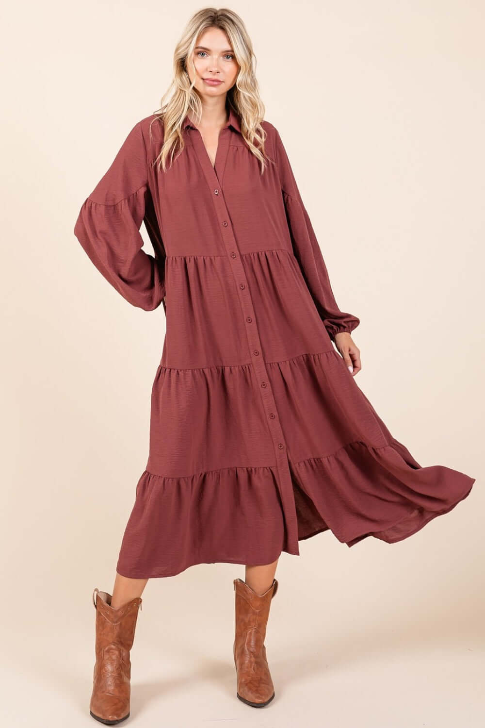 Woman wearing Mittoshop Tiered Button Down Long Sleeve Midi Dress in brown with a stylish, feminine silhouette.