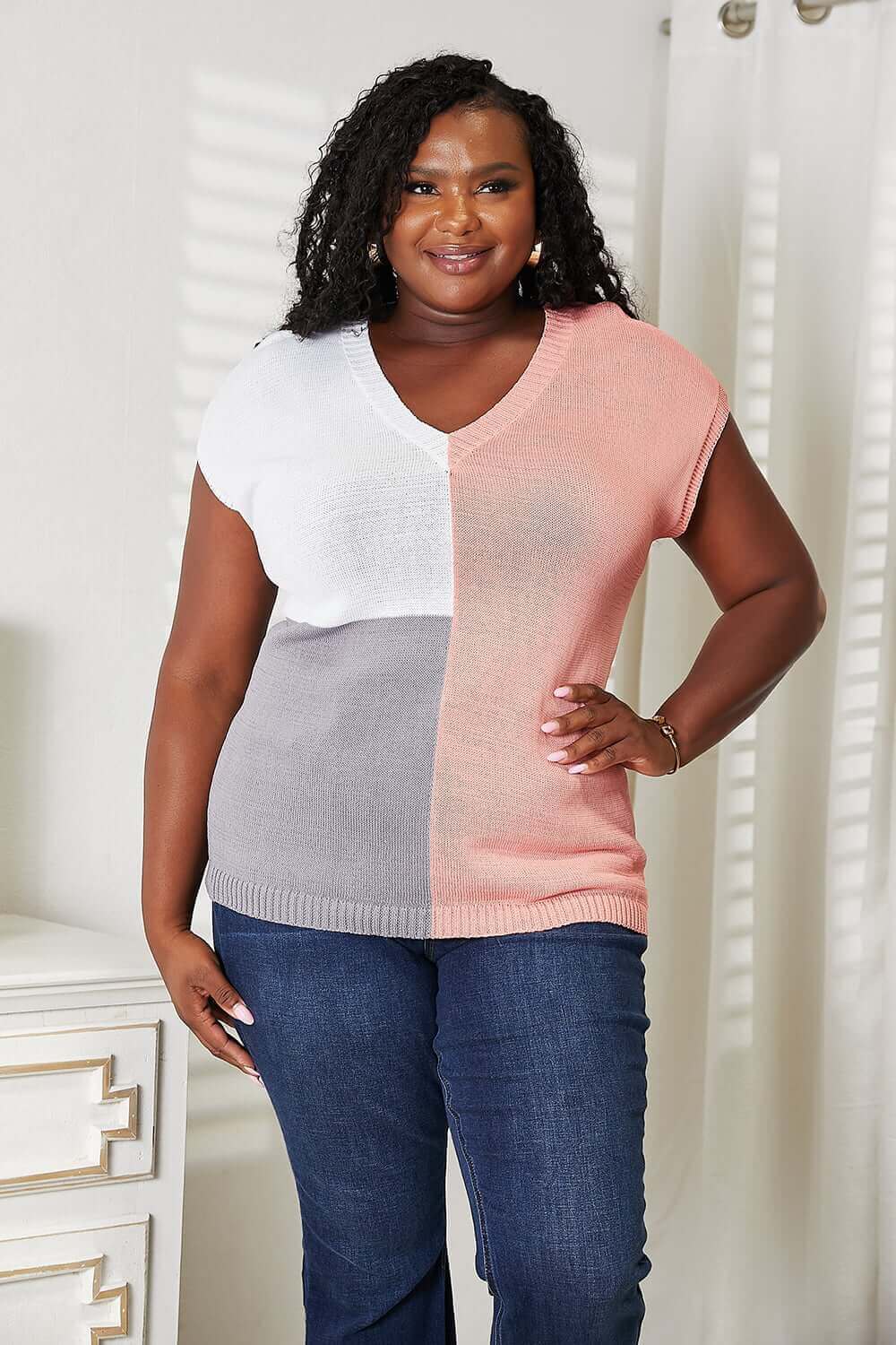 DOUBLE TAKE Color Block V-Neck Knit Top at Bella Road