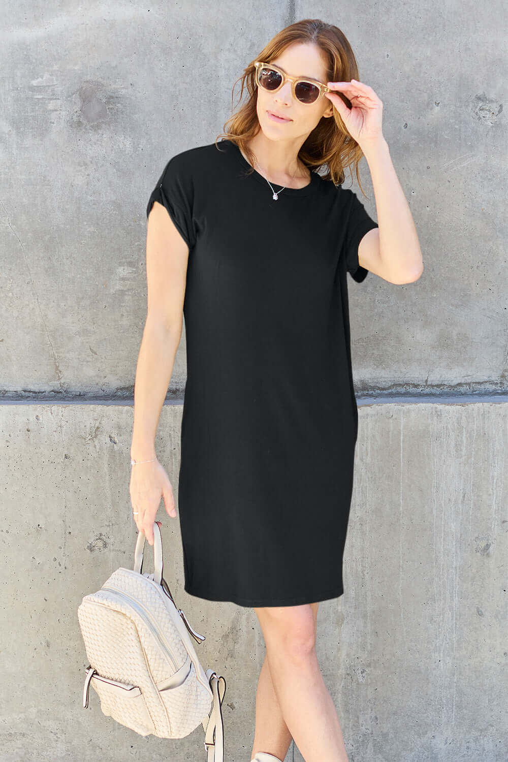 BASIC BAE Full Size Round Neck Short Sleeve Dress with Pockets at Bella Road