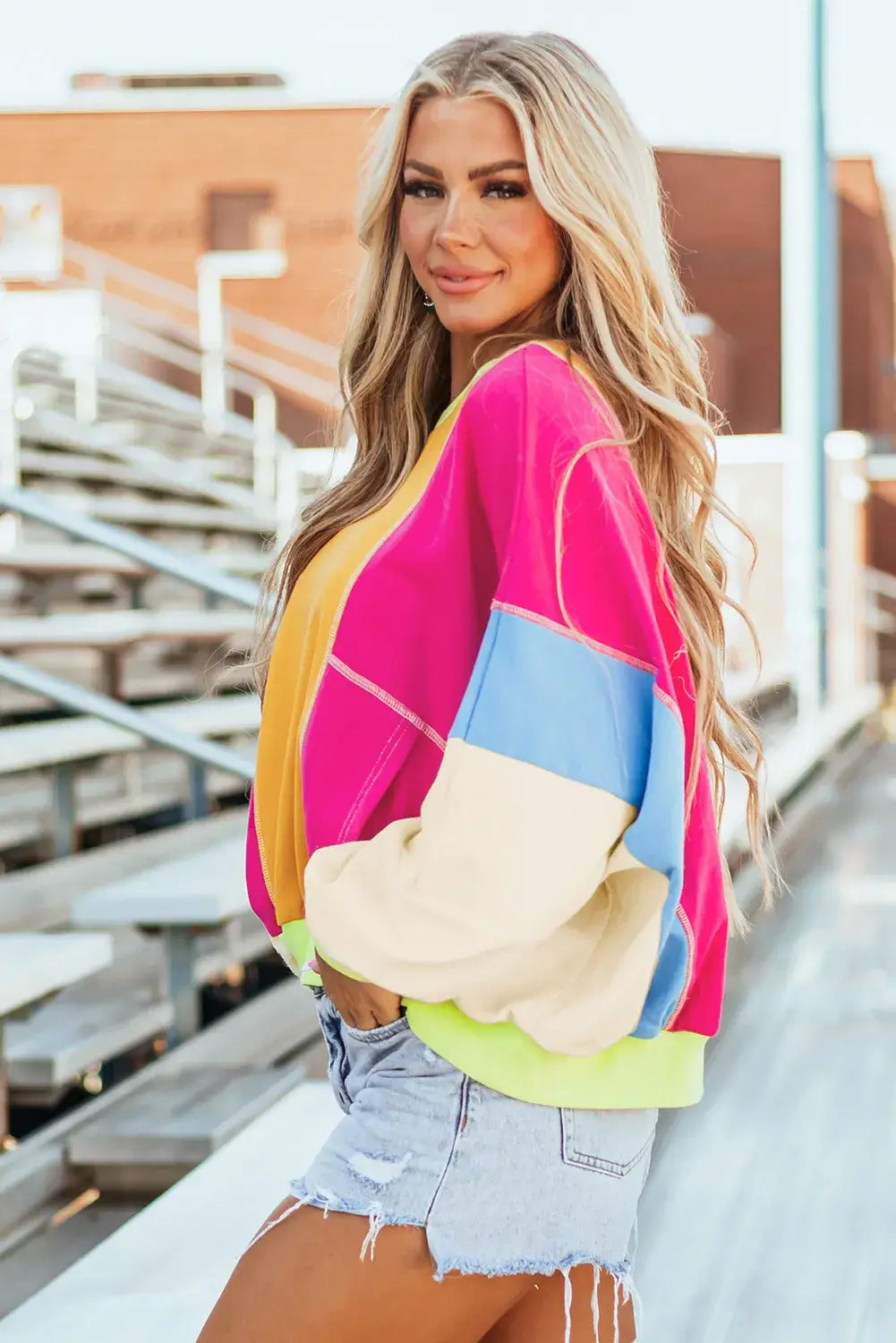 Woman wearing Bella Road Color Block Round Neck Long Sleeve Top in a casual outdoor setting.