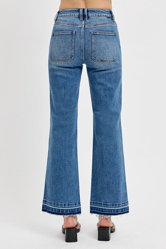 Back view of RISEN Raw Hem Ankle Bootcut Jeans showcasing a stylish and modern denim design.