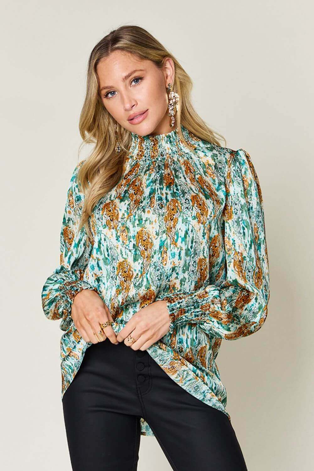 DOUBLE TAKE Full Size Printed Smocked Long Sleeve Blouse at Bella Road