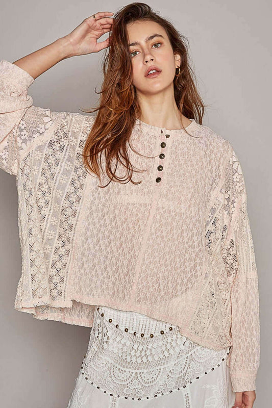 POL Round Neck Long Sleeve Raw Edge Lace Top at Bella Road