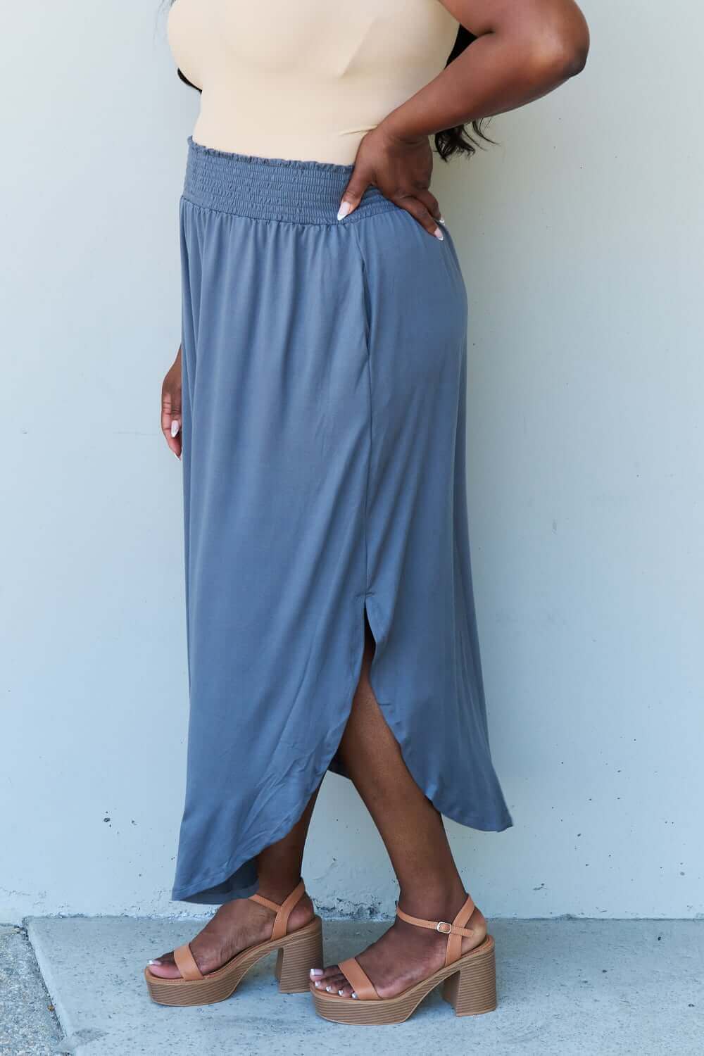 DOUBLJU Comfort Princess Full Size High Waist Scoop Hem Maxi Skirt in Dusty Blue at Bella Road