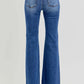 Risen full size low rise flare jeans with pockets back view showcasing vintage-inspired style and slightly stretchy denim.