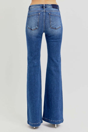 Risen full size low rise flare jeans with pockets back view showcasing vintage-inspired style and slightly stretchy denim.