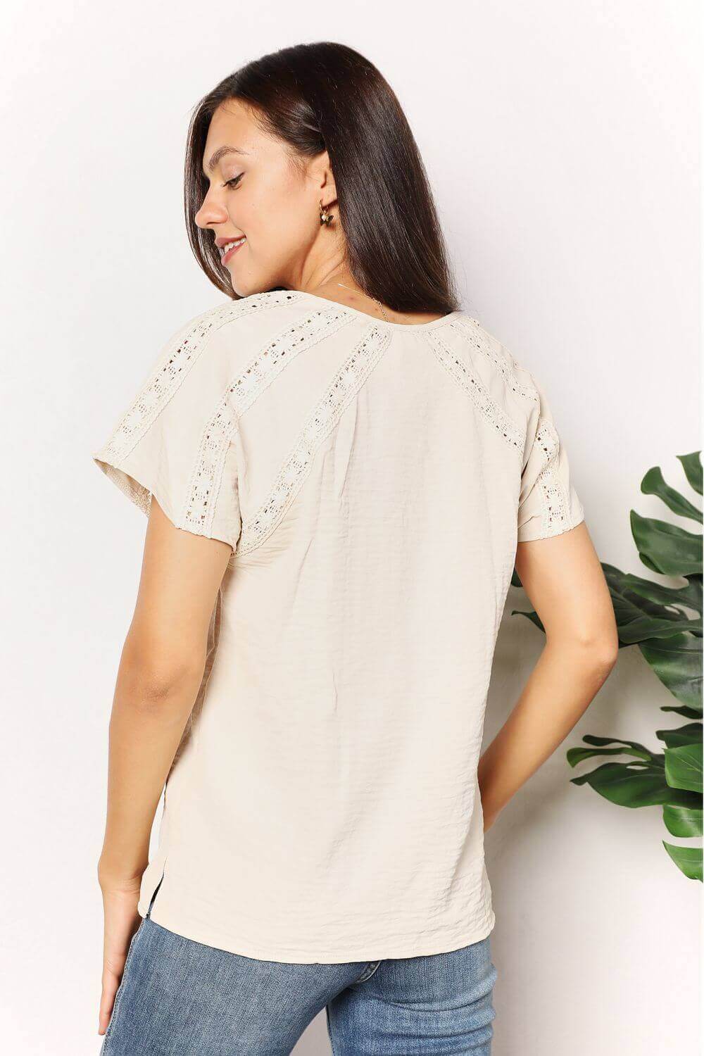 DOUBLE TAKE Crochet Buttoned Short Sleeves Top at Bella Road