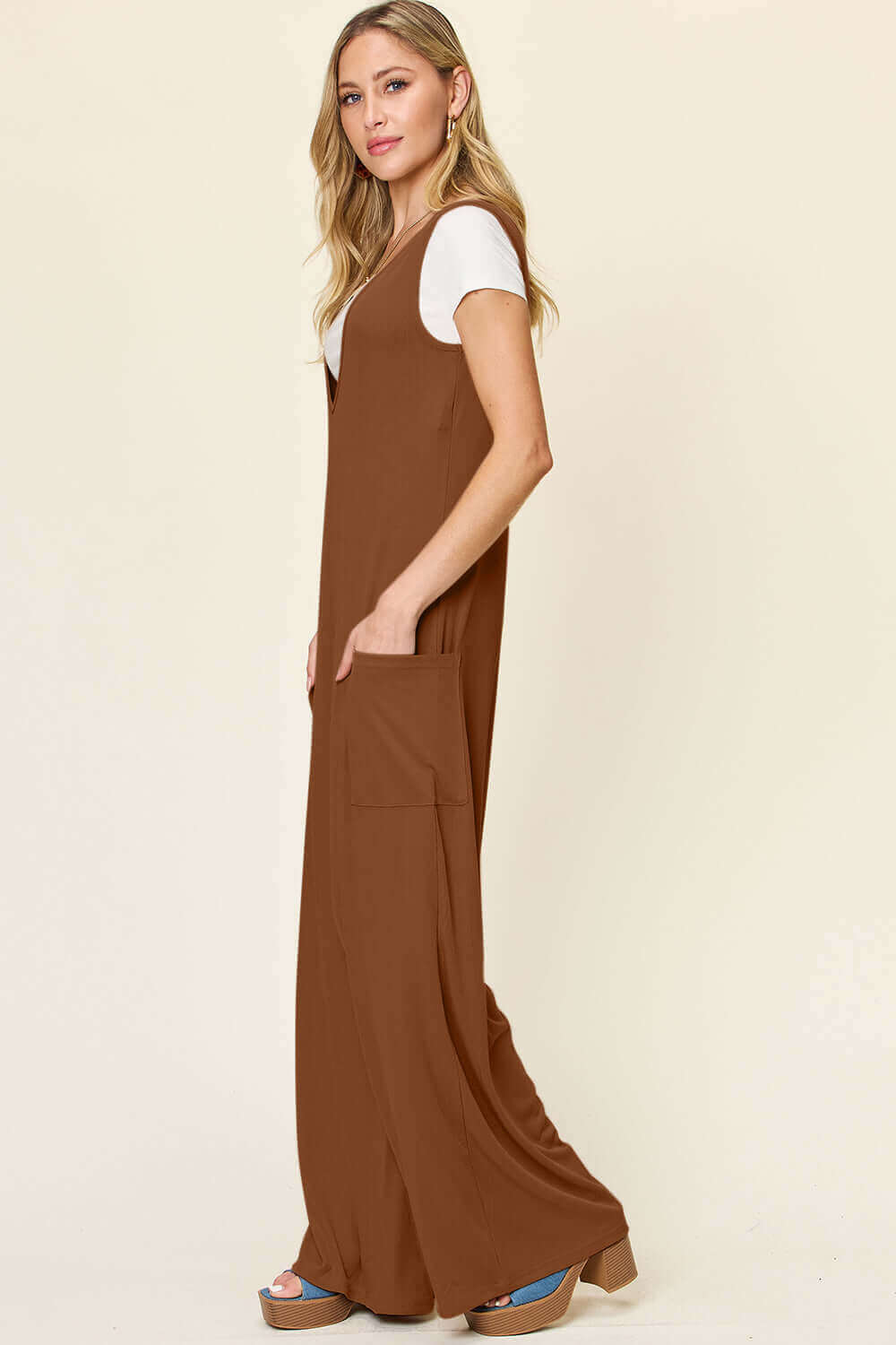 DOUBLE TAKE Full Size Sleeveless Wide Leg Jumpsuit with Pockets at Bella Road