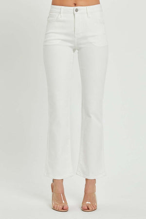 Mid Rise Bootcut Jeans with Pockets in white denim, styled with clear heels, showcasing classic, comfortable fashion.