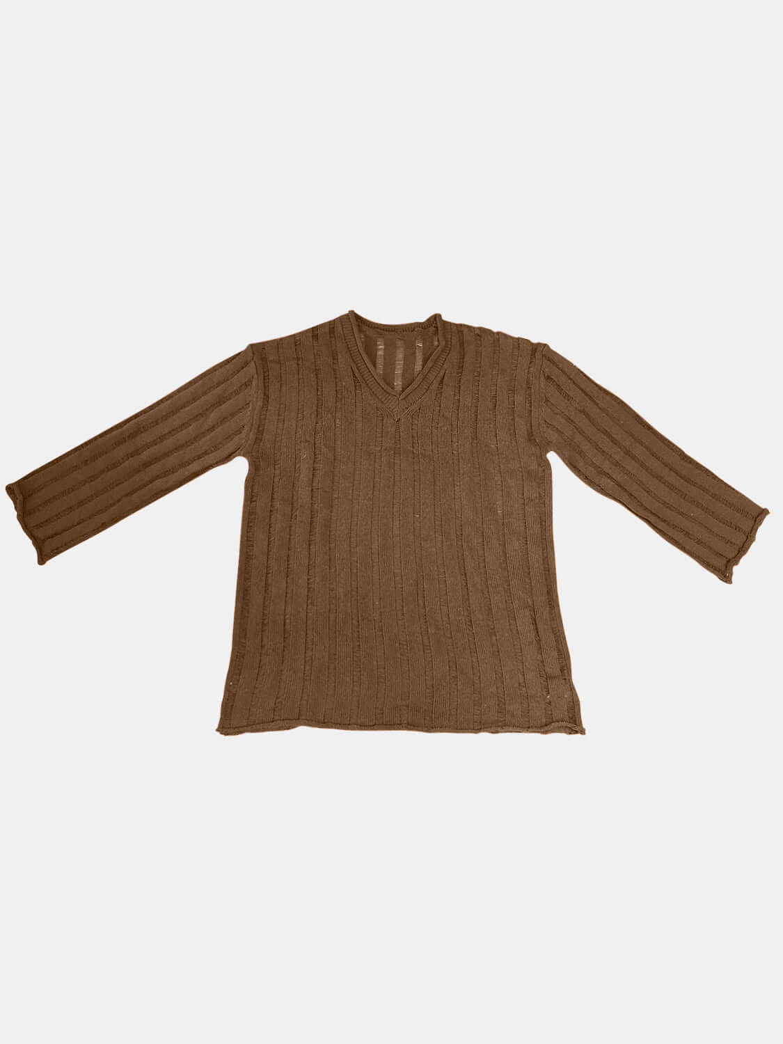 Bella Road coffee brown V-neck long sleeve sweater, perfect for fall style, slightly stretchy acrylic material for a cozy fit.