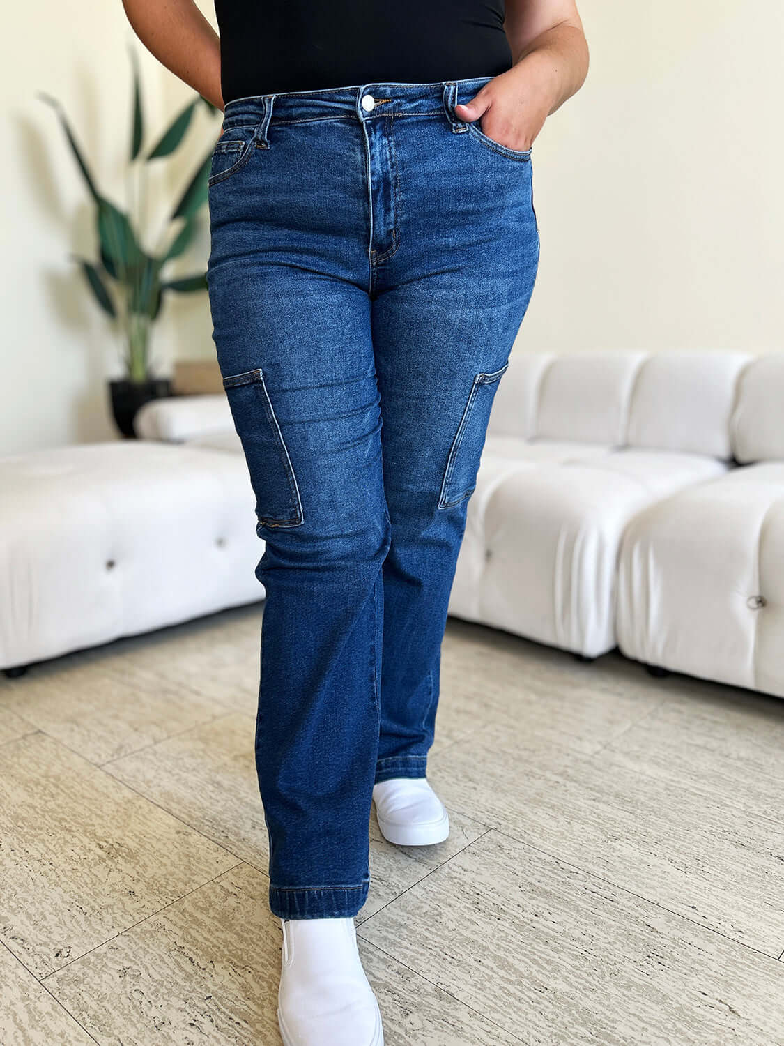 High Waist Straight Cargo Jeans with cargo detailing by Judy Blue Jeans in a stylish and flattering fit