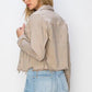 Plus size cropped denim jacket with raw hem, perfect for a trendy and stylish wardrobe update.