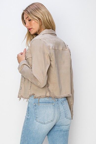 Plus size cropped denim jacket with raw hem, perfect for a trendy and stylish wardrobe update.