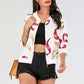 Printed Zip-Up Three-Quarter Sleeve Bomber Jacket