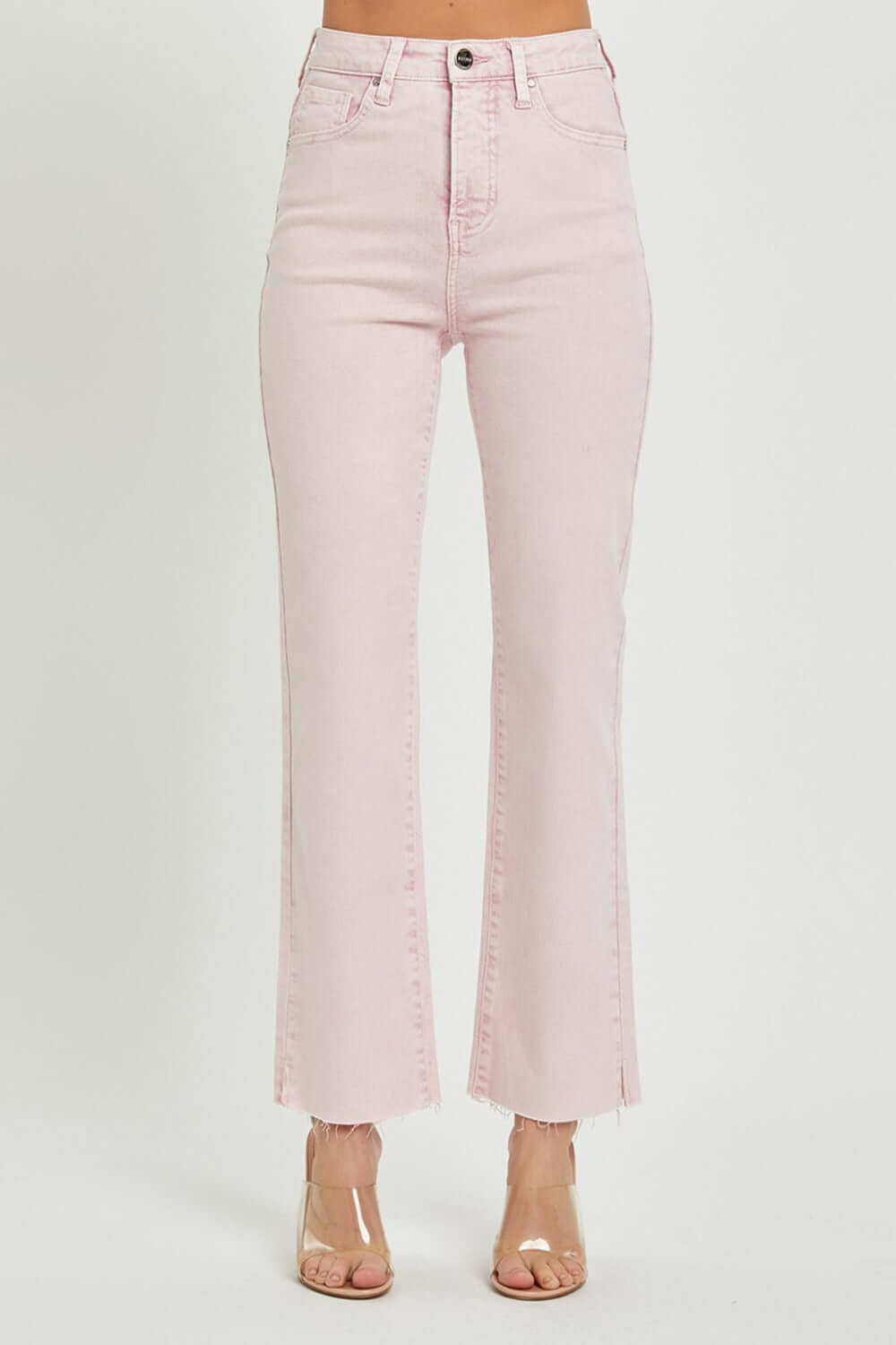 RISEN pink high-rise tummy control straight jeans with raw hem detail, basic style, pocketed, 98% cotton, no stretch.