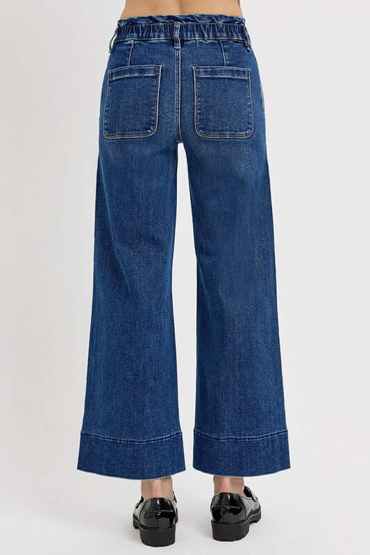 Back view of RISEN Elastic Band Wide Leg Jeans showcasing the relaxed fit and comfortable elastic waistband.