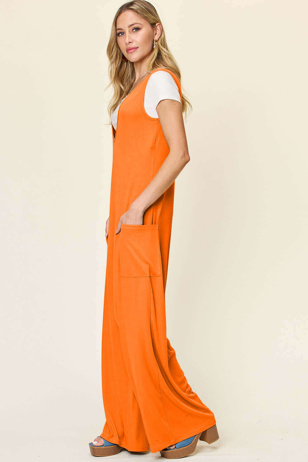 DOUBLE TAKE Full Size Sleeveless Wide Leg Jumpsuit with Pockets at Bella Road