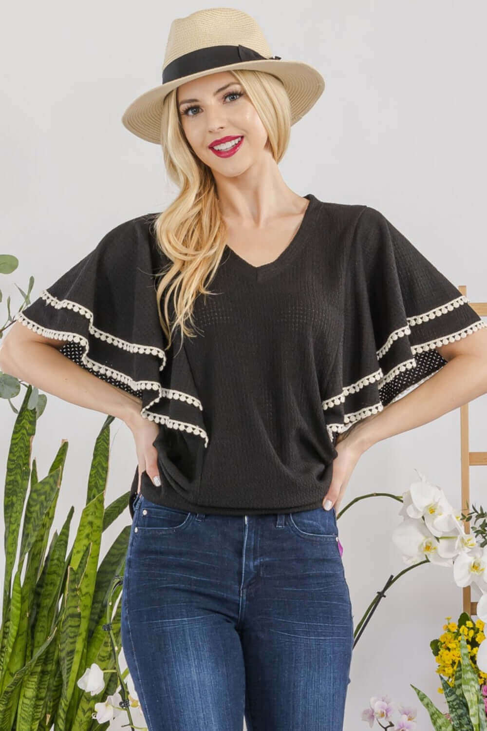 CELESTE Full Size V-Neck Lace Trim Flutter Sleeve Top at Bella Road