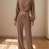 Bella Road Crisscross Round Neck Top and Drawstring Pants Set - Brown