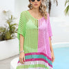 Contrast Scoop Neck Openwork Half Sleeve Cover Up - Lime