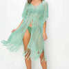 Drawstring Waist Fringed Hem Cover Up - Mint