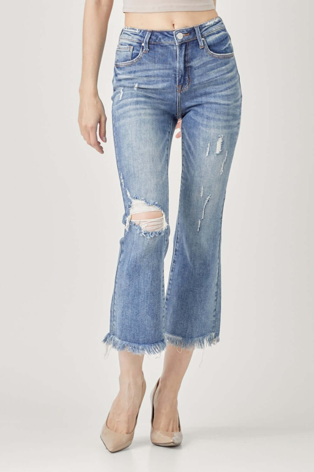 High Waist Distressed Cropped Bootcut Risen Jeans - Flattering, edgy, and stylish denim for fashion enthusiasts.